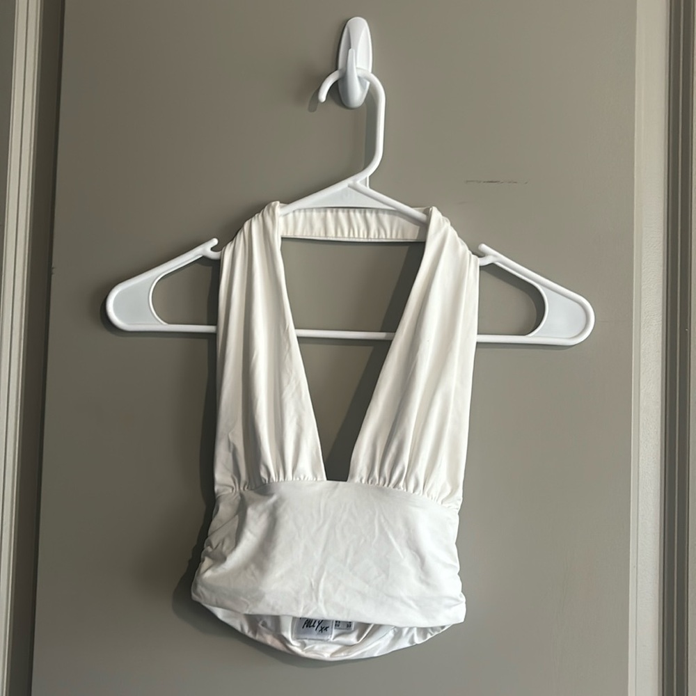 Princess Polly white halter open back crop top